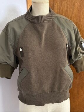 SACAI sz 2 M Knit Sweater Hybrid Bomber Short Sleeve Dark Green